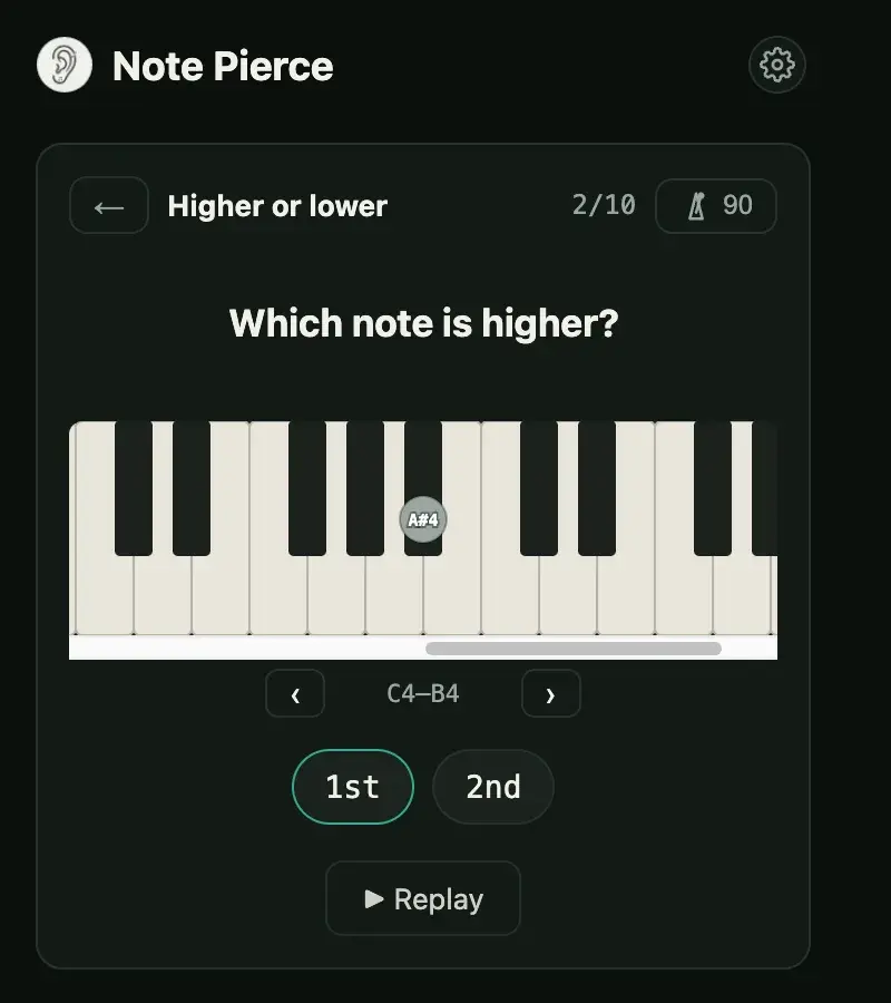 Note Pierce extension listening exercise showing its keyboard, answer buttons and replay control