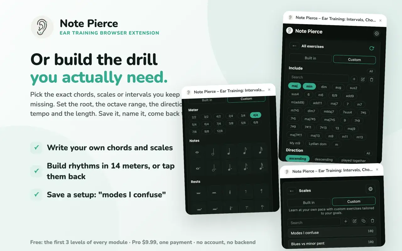 Note Pierce extension preview including its custom rhythm editor with note values, rests and meter controls
